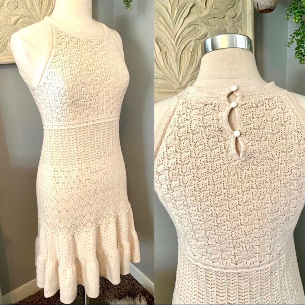 London Times Dress Sz 14 Cream/Tan Crochet Lace Overlay Sleeveless Wedding Party